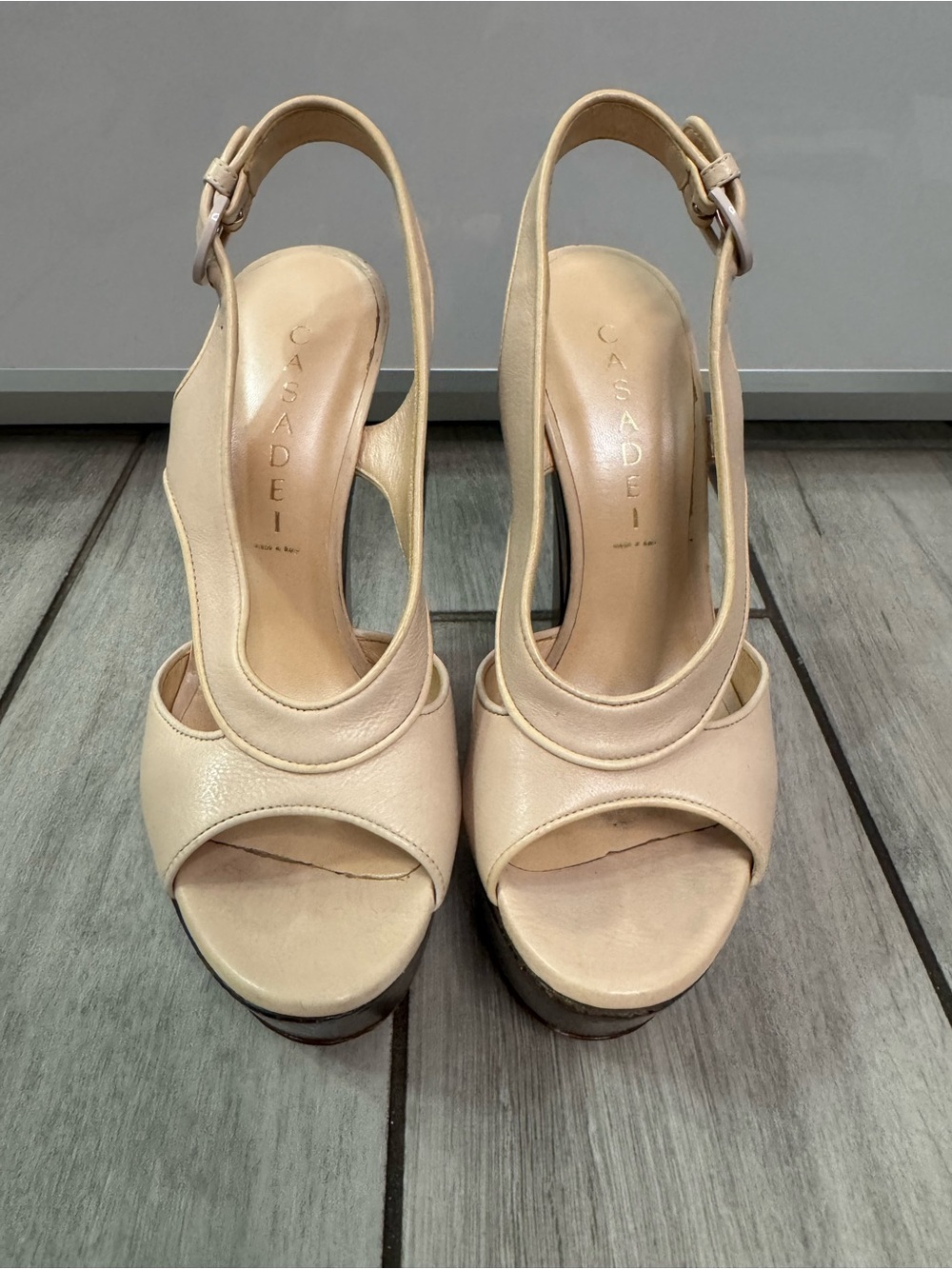 Casadei Beige Leather Platform Slingback Heels
